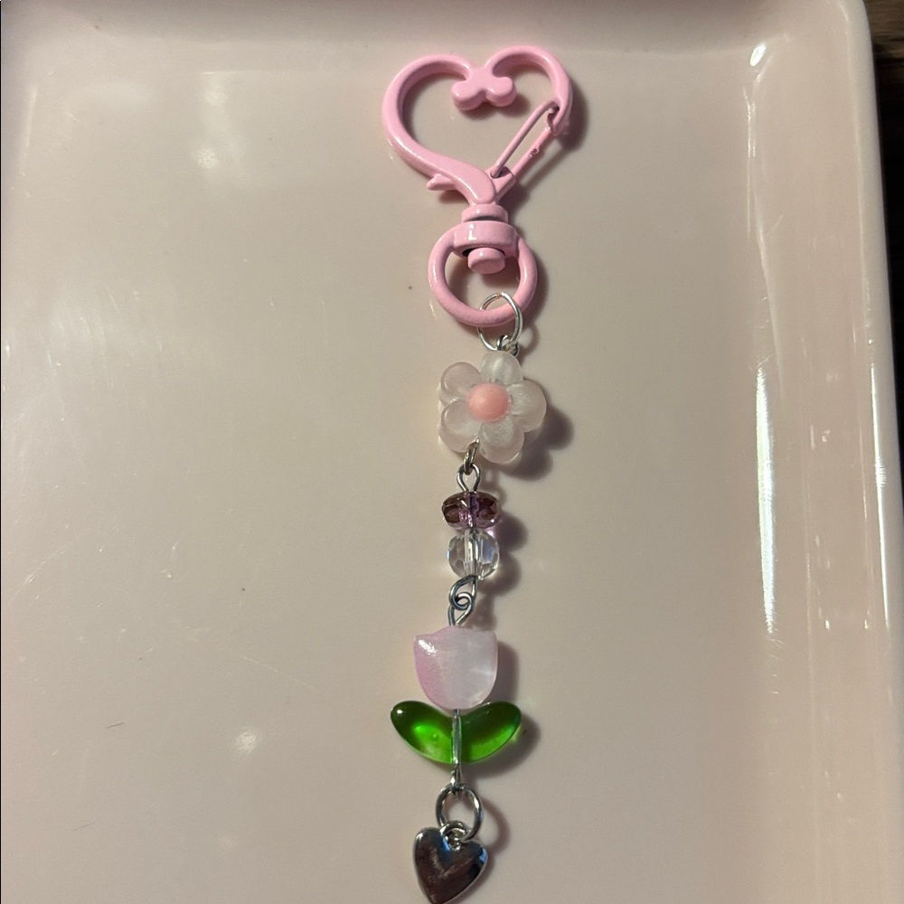 Pink Heart Keychain with Floral Accents